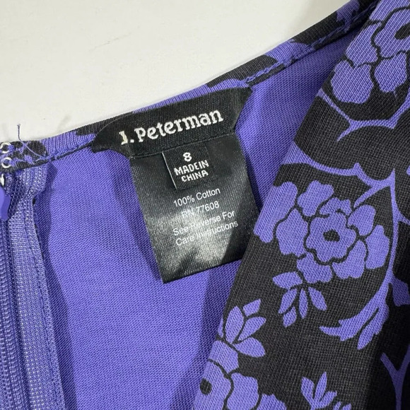 J Peterman A Line Midi Dress Purple Black Floral Shirred Waist Size 8 - Picture 3 of 5